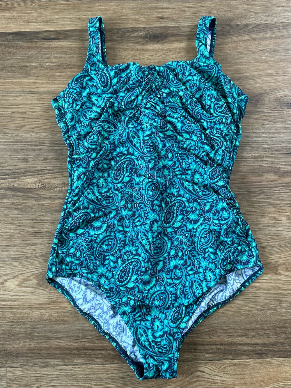 Lands End One Piece Swimsuit Size 14 Long Blue Paisley Built In Bra Modest Beach